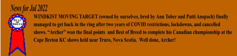 News for Jul 2022 WINDKIST MOVING TARGET (owned by ourselves, bred by Ann Tober and Patti Anspach) finally managed to get back in the ring after two years of COVID restrictions, lockdowns, and cancelled shows. Archer won the final points  and Best of Breed to complete his Canadian championship at the Cape Breton KC shows held near Truro, Nova Scotia.  Well done, Archer!